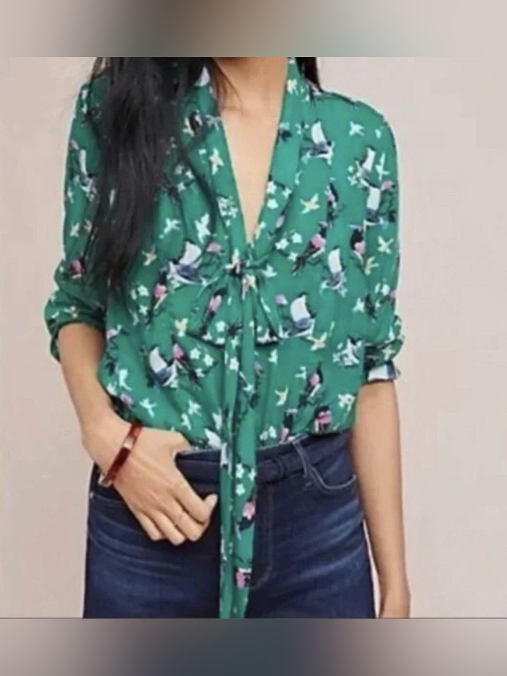 Anthropologie 52 Conversations green & birds tie-neck blouse Size 14